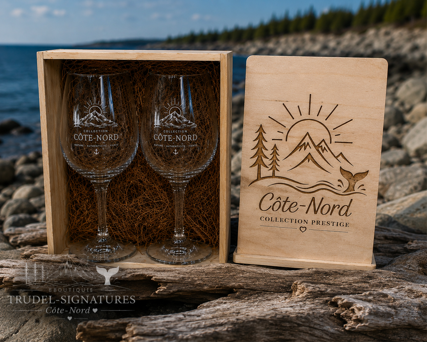 Coffret Prestige Côte-Nord — duo de verres gravés dans coffret bois
