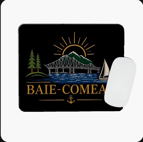 Tapis de souris Baie-Comeau - design pont, épinettes et voilier sur fond noir