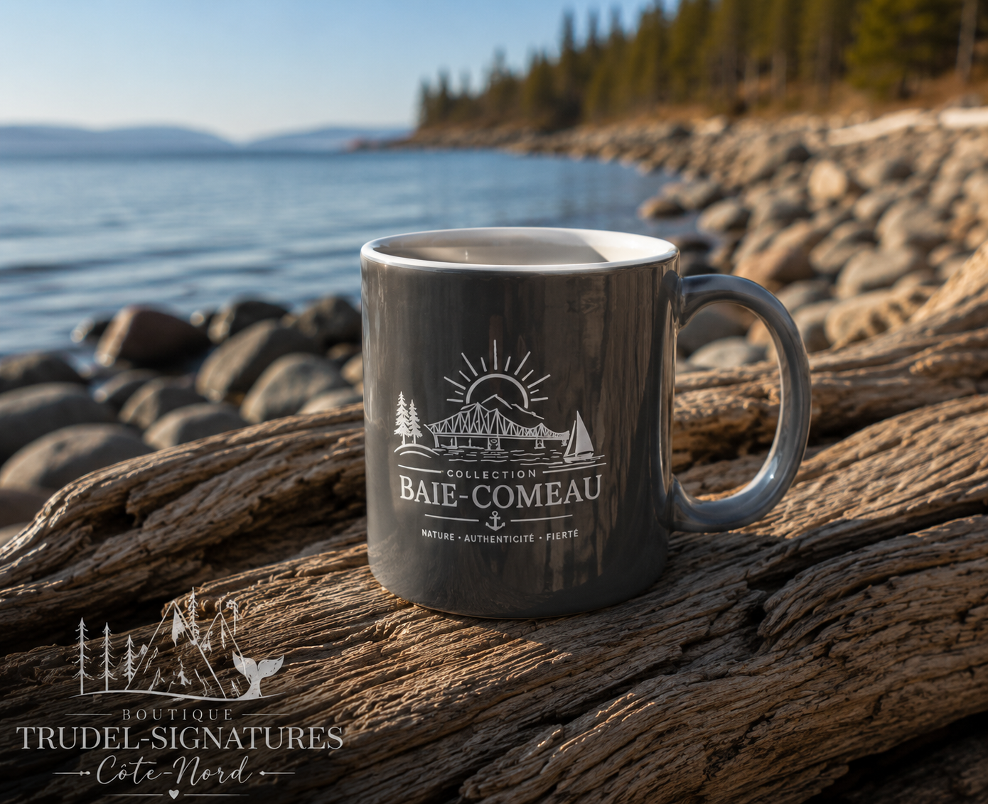 Tasse grise 11 oz Collection Baie-Comeau logo blanc pont épinettes voilier sur tronc au bord du fleuve