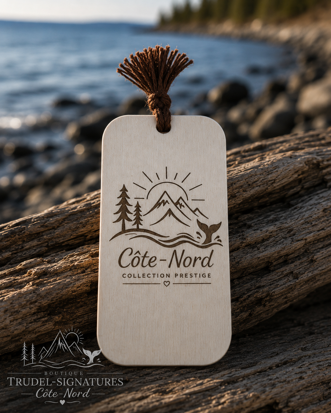 Signet Côte-Nord Collection Prestige — bois naturel gravé avec pompon brun