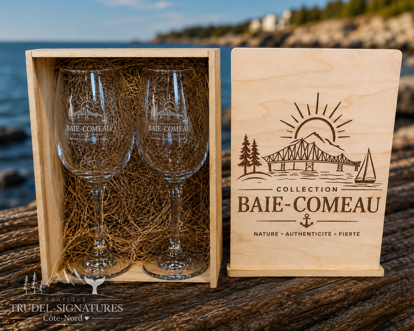 Coffret 2 verres à vin gravés Collection Baie-Comeau dans écrin bois naturel sur tronc au bord du fleuve