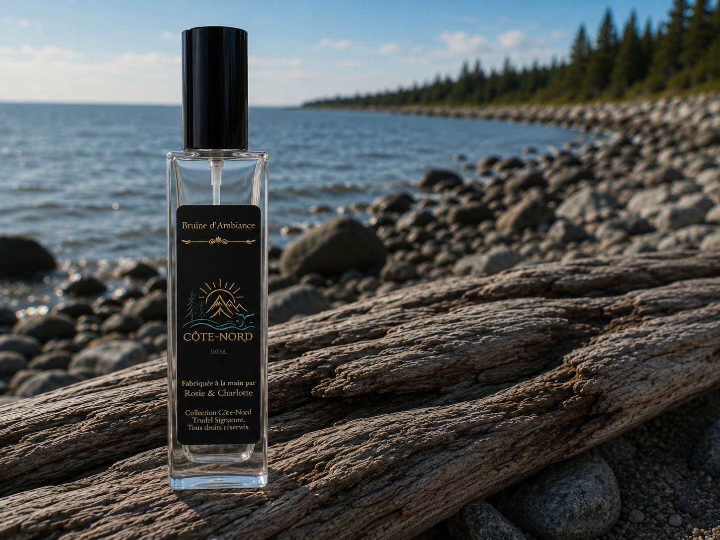 Bruine d'Ambiance Côte-Nord 110 ml sur bois flotté au bord du fleuve