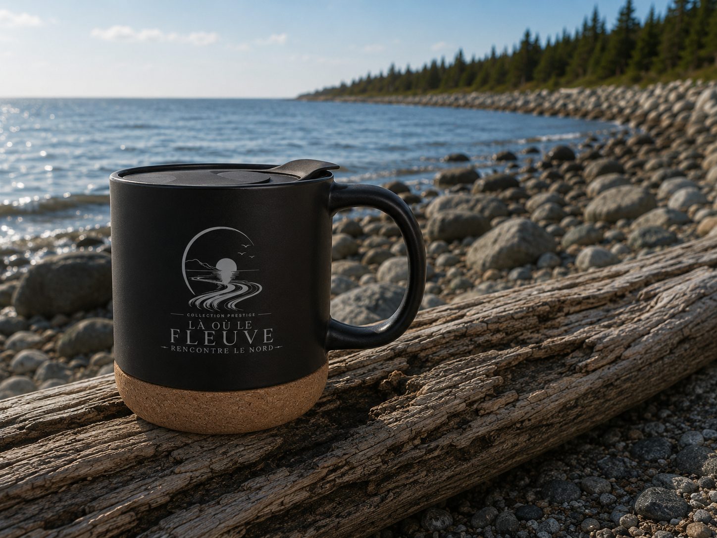 Tasse noire mat base en liège logo fleuve Collection Prestige posée sur tronc d’arbre au bord du fleuve