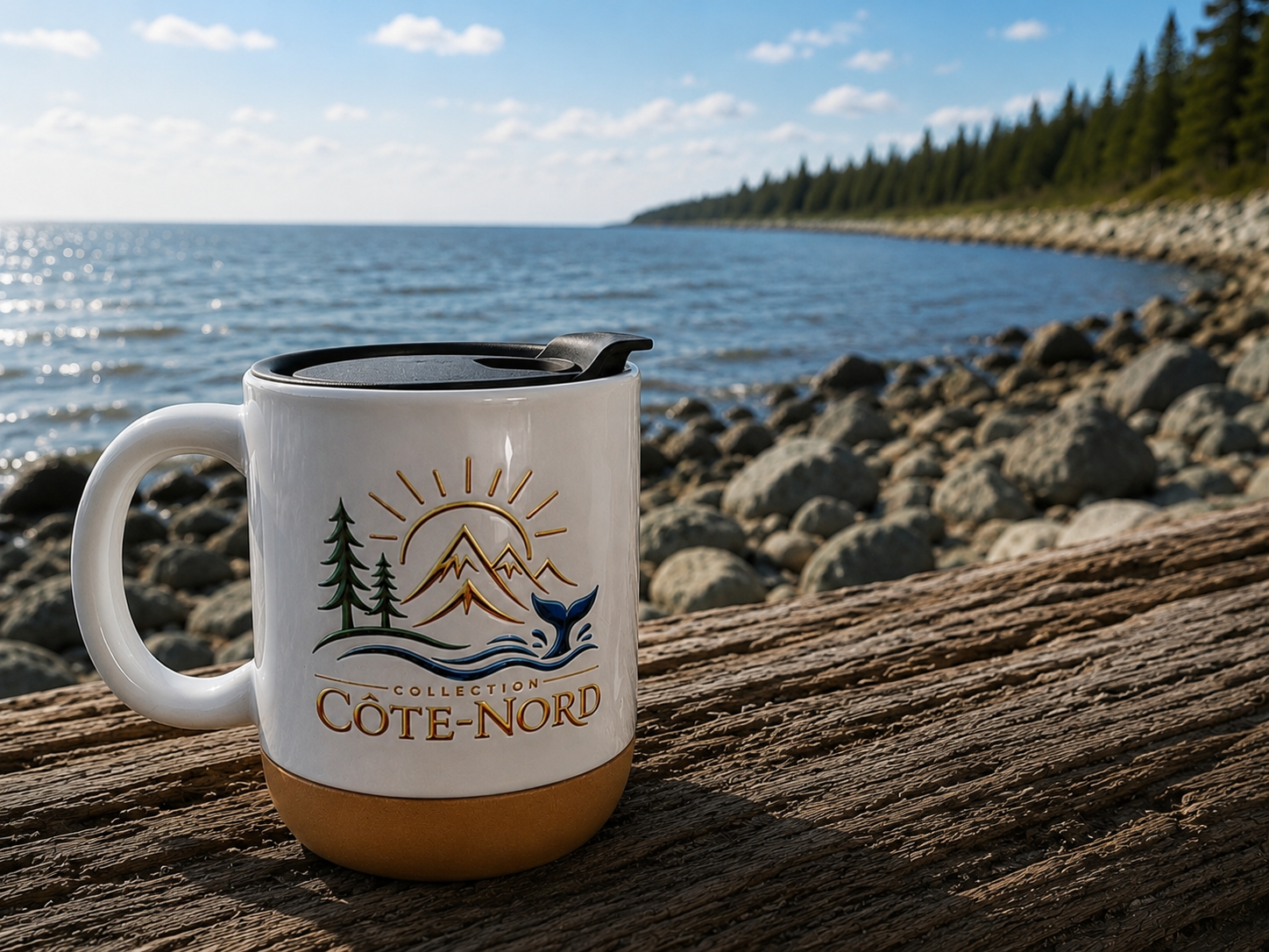 Tasse blanche céramique Collection Côte-Nord posée sur un tronc d'arbre au bord du fleuve
