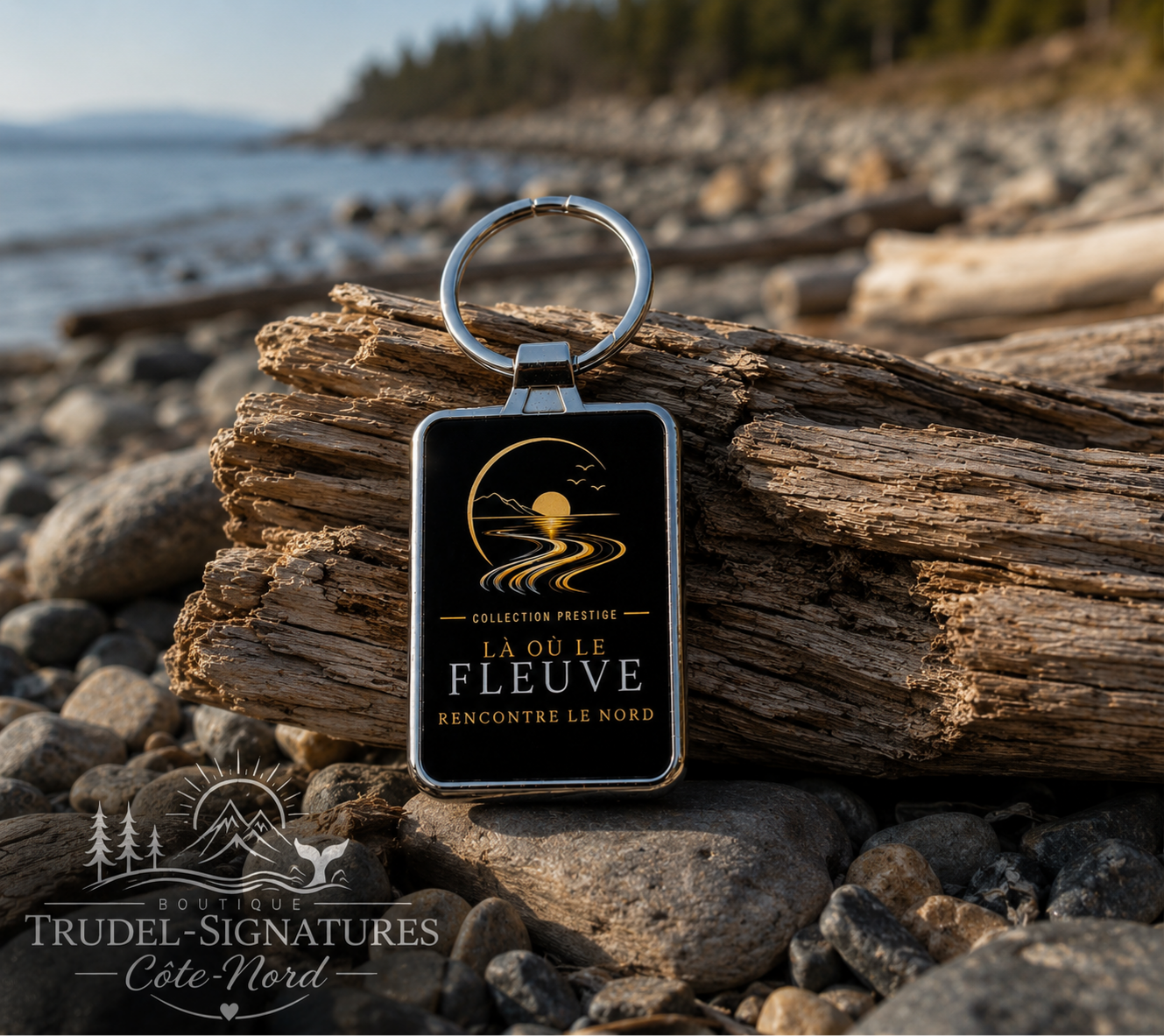Porte-clef Là où le Fleuve rencontre le Nord — fond noir or, Collection Prestige Côte-Nord