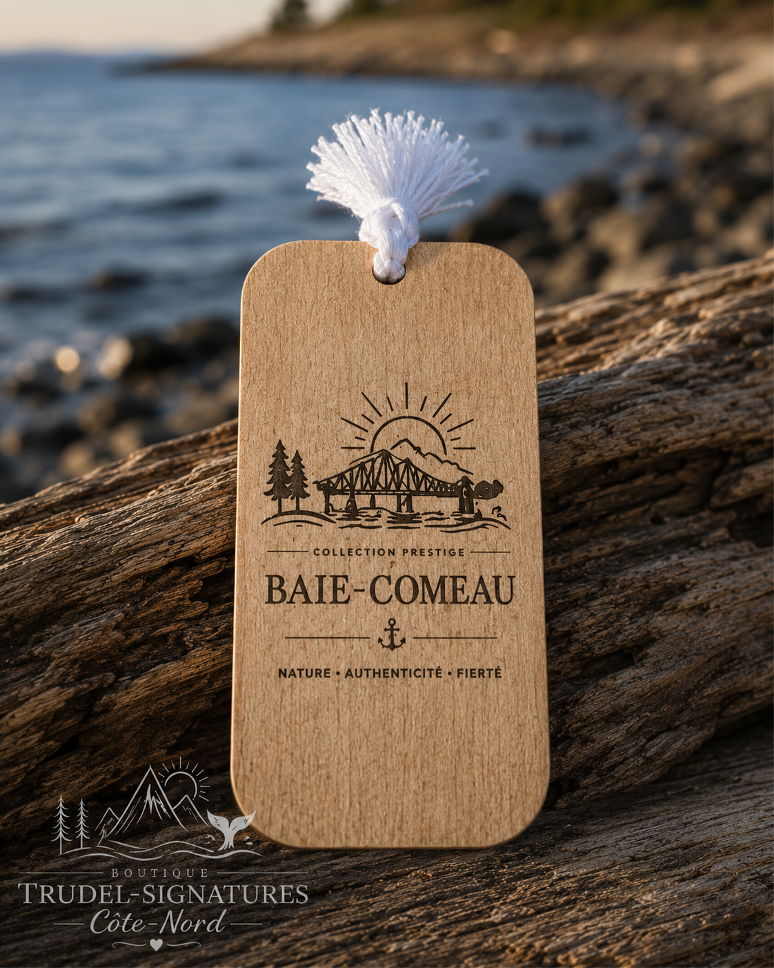 Signet Baie-Comeau Collection Prestige Côte-Nord — bois gravé avec pompon blanc
