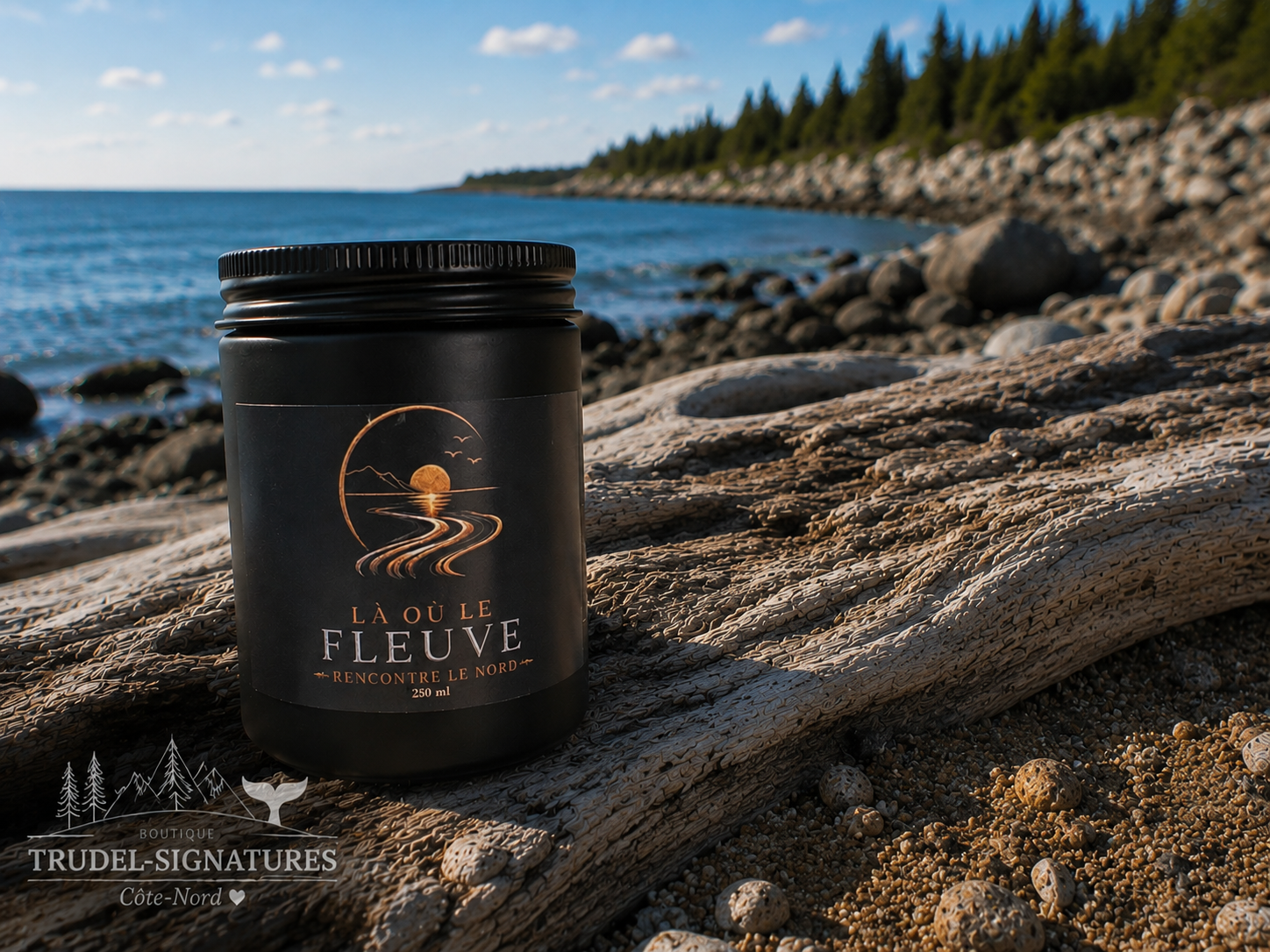 Bougie Baie-Comeau 250 ml pot noir mat logo or cuivré pont et voilier sur tronc d’arbre au bord du fleuve