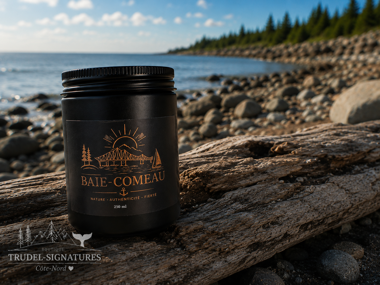 Bougie Là où le Fleuve rencontre le Nord 250 ml pot noir mat logo or cuivré sur tronc d’arbre