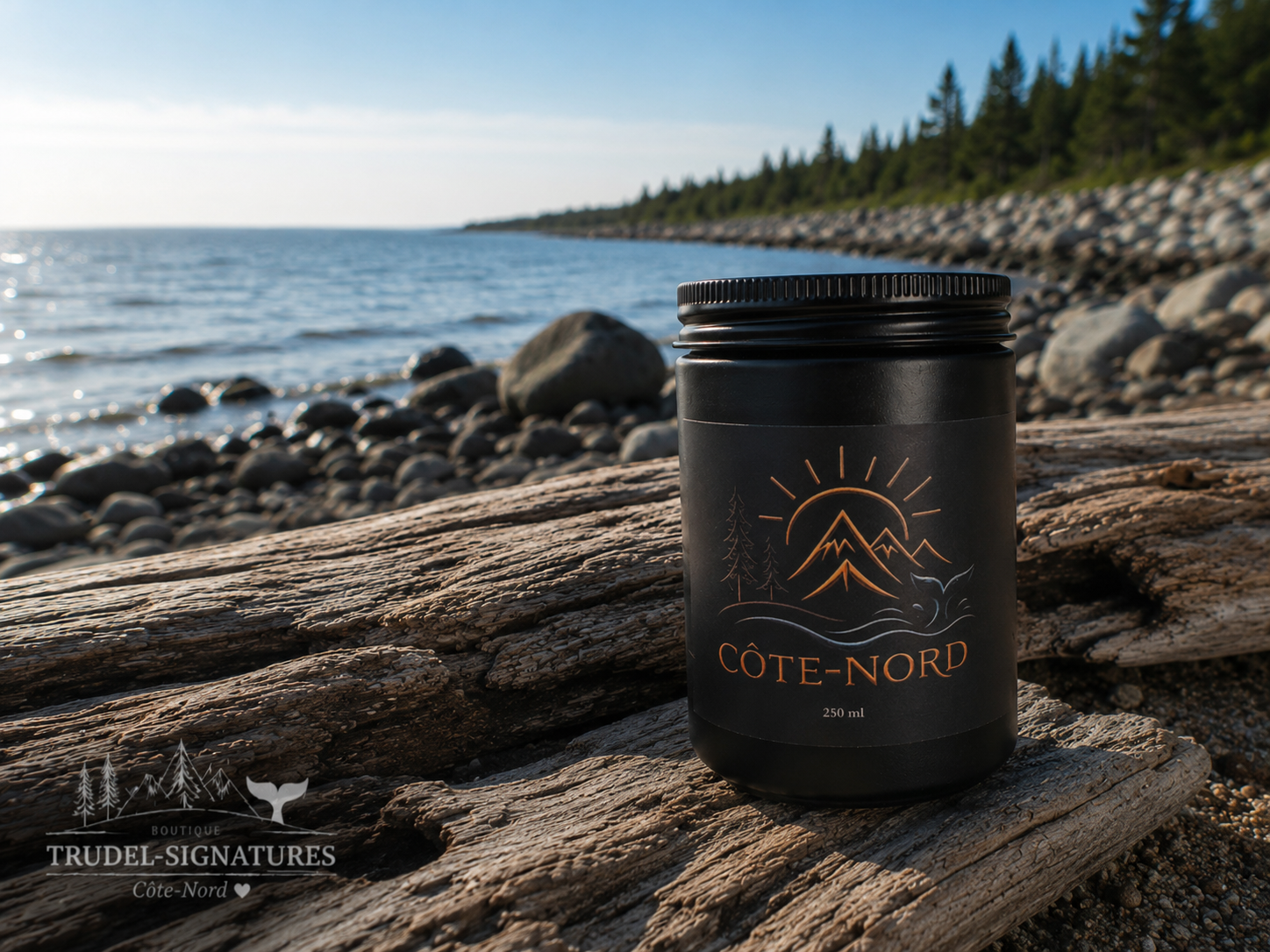 Bougie Côte-Nord 250 ml pot noir mat logo or cuivré sur tronc d’arbre au bord du fleuve