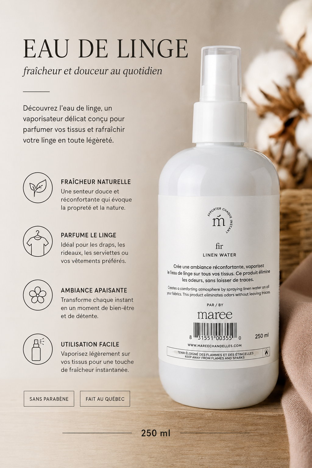 Eau de linge Sapin Marée Chandelles – 250 ml