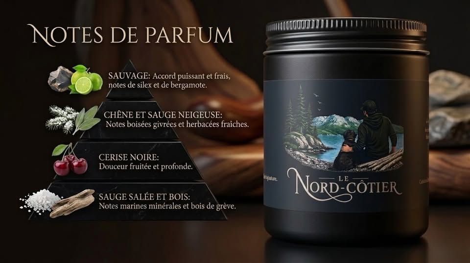 Bougie Le Nord-Côtier 250ml – Notes de parfum : sauvage, chêne et sauge neigeuse, cerise noire, sauge salée et bois