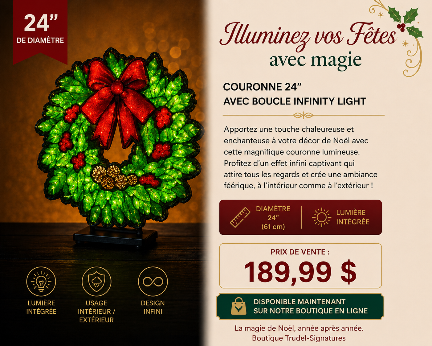 Couronne de Noël lumineuse Infinity Light – 24 po (61 cm) 🎄