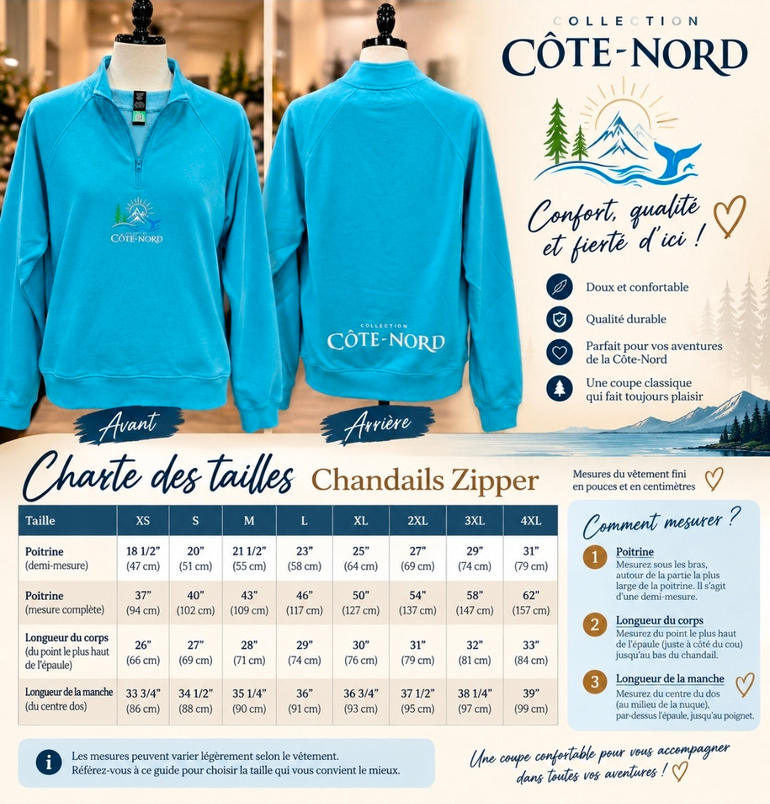 Chandail turquoise Côte-Nord à demi-zip
